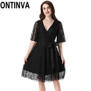 Women's Elegant Retro Lace V-neck Dress with Sashes Office Ladies Black Wine Red Dark Blue Modest Summer Dresses Lining 210527