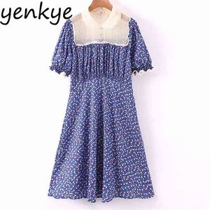 Kadınlar Seksi Yarı Sırf Patchwork Mavi Çiçek Baskı Elbise Lady Kısa Kollu Yaka Yaka Yüksek Bel A-Line Mini Yaz 210514