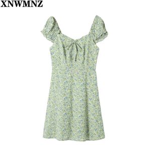 Урожай крышной рукав женские платья шикарный зеленый цветочный принт шифон мини платья ретро Vestidos летнее женское платье халат 210520