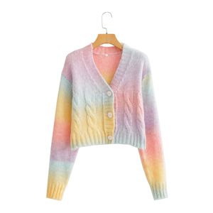 Women autumn fashion v-neck long sleeve gradient color tie-dying knitted desinger short sweater coat S M