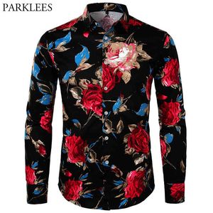 Camicia da uomo hawaiana Marca Rose Stampa floreale Uomo Streetwear Slim Fit Casual Uomo Camicie a maniche lunghe Colletto rovesciato Abbigliamento uomo 210524