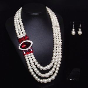 Ruby Nupcial al por mayor-2021 Diseño simple Collar de moda Pendientes Conjuntos de joyas de rubí nupcial personalizado Crystal Pearl