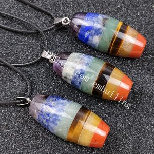 Regenbogen 7 Energie aufgeladene Chakra gebundene Barrel Perle Anhänger Halskette 14mm Runde Multi Semi Edelsteine ​​Edelstein Kugel Kugel Kugel Kugel Charme Balancieren Heilung Reiki Schmuck