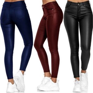 Fashion Pure Color Leather Casual Pants Small Feet Spring Women Pu Black Sexy Stretch Bodycon Trousers 210915