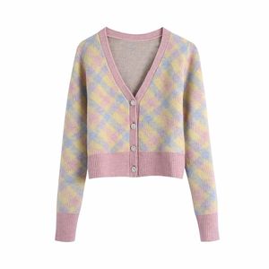 Casual Woman Färgglada Patchwork Plaid Sweaters Spring Fashion Ladies Soft Pullover Girls Sweet Diamond Button Knitwear 210515