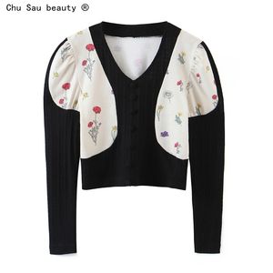 Fall Vintage Slim Girl Print Stitching Knapp Dekoration Court Style V-Neck Strikkad Sweater Tops Pullover Jumpers for Woman 210508