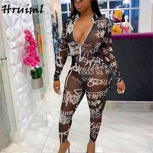 Autumn Bodycon Rompers Womens Jumpsuit Long Sleeve Bodysuit Sexy & Club See Through Fashion Print Body Mujer 210513