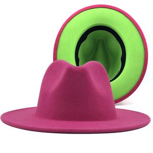 Wide Brim Hats Rose Unisex Outer Inner Green Wool Felt Jazz Fedora With Thin Belt Buckle Men Women Panama Trilby Cap L XL