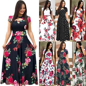 Kobiety z krótkim rękawem Hollow O-Neck Długa Sukienka Lato Floral Print High Paist Elastyczna Elastyczna Elegancka Boho Robe Maxi Dreses Plus Size X0521