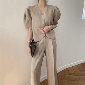 Koreanska vintage två stycken sommar kläder för kvinnor puff ärm single breasted lösa blusar topp + breda ben långa byxor 210514