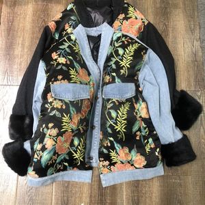 여자 모피 가짜 데님 재킷 v- 넥 코트 겨울 여성 2021 도착 자수 디자인 파카 실제 밍크 슬리브 여성 외투 소아 플러스 사이즈