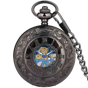Fob Pocket Watches Mechanical Hand Winding Luxury Hollow Case With Cool Blue Dial Skeleton Chain Accessory Gift Men Women