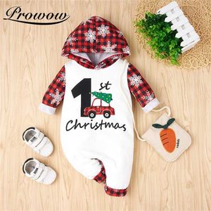 Prowow Mina första julkläder för babyflickor Overaller Festival Born Jumpsuits Patchwork Kids Hooded 211229