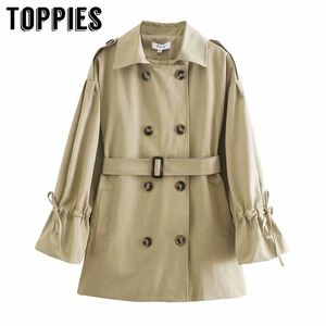 Toppies женщины хаки короткие ветровка тонкий слой с поясами сплошной цветовой траншейную куртку 210412