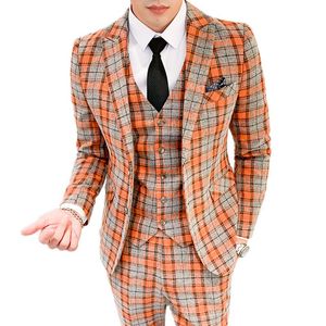 Erkekler Üç Parçalı Suit Set Ceket Pantolon Yelek / Erkek Turuncu Slim Fit İngiliz Tarzı Yüksek End Artı Boyutu Ekose Blazer Coat Pantolon Erkek Takım Elbise