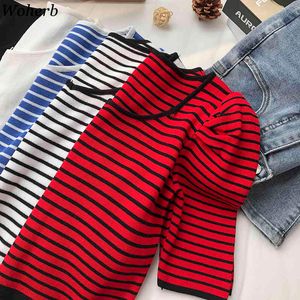 Crew Neck Short-sleeved Sweater Bottoming Shirt Women's T-shirt Loose Thin Striped Puf Sleeve Vintage Spring Summer Blusa 210422