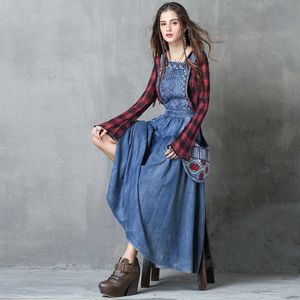 Johnature Spring Fritid Retro Broderi Patchwork Fickor Strap Denim Klänningar Lösa Bekväm Kvinnor Mode Klänning 210521