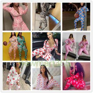 Designer Kobiety Kombinezony Pajacyki Nightwear Playsuit Trening Przycisk Body Skinny Hot Print Długi rękaw V-Neck Pajama Onesies Plus Size