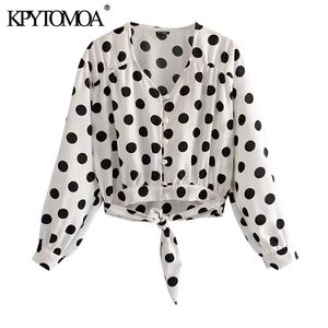 Yay ile Kadın Moda Bağlı Polka Dot Kırpılmış Bluzlar Uzun Kollu Button-Up Kadın Gömlek Chic Tops 210420