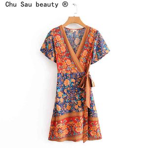 Skönhet Boho Blommig Print Wrap Sommarkluk Kvinnor Holiday Mini Kvinna Beachwear Mujer Vestido de MODA 210514