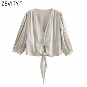 Kvinnor Fashion V Neck Hem Bow Bundet Kort Smock Blus Kvinna Puff Sleeve Chic Satin Shirts Business Femininas Tops LS9003 210416