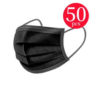 50 stks/partij Zwarte Wegwerp Gezichtsmaskers 3-Layer Bescherming Sanitair Outdoor Masker met Oorlus Mond