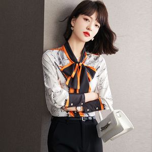 Luxury Designer Runway Women Ribbon Shirts Fancy World Map Printed Bow Tie Neck Ladies Casual Office Blouses Classic Button Long Sleeve Chiffon Party Tops Winter