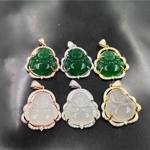 Lachender Buddha Jade Anhänger Halskette 925 Silber vergoldet eingelegter Edelstein Schmuck Eis Chalcedon Achat Maitreya weibliche Anhänger Großhandel