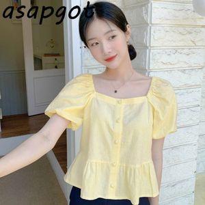 Puff Short Sleeve Square Neck Bomull Linne Blus Kvinnor Söt Sommar Mjuka Solida Toppar Toppar Blusas de Mujer Kläder Koreanska 210429