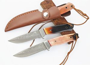 Promotion Damascuss Survival Rak Jaktkniv VG10 Damascus Steel Drop Point Blades Kohorn Handtag Fasta Bladknivar Med Läderslida