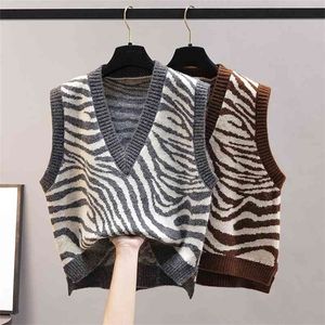 V-neck stickade väst kvinnor koreanska mode zebra mönster ärmlös tröja midja för outwear vår höst 210909