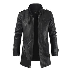 men's mid-length leather jacket with stand-up collar plus velvet large size men's belt warm and windproof PU jacket 211111