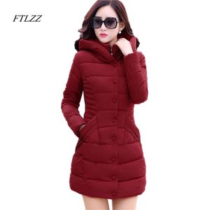 Winter Medium Length Thickening Parkas Coat Woman Fashion Hooded Solid Color Cotton Wadded Overcoat Slim 210430