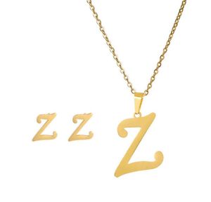 イヤリングセットステンレス鋼ゴールドチョーカーの初期ペンダントネックレス女性アルファベットチェーンジュエリーを持つA-Z 26文字ネックレス