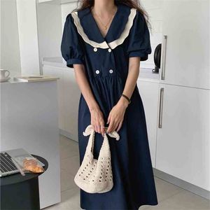 Office Lady Streetwear Retro Color-Hit Peter Pan Collar Prom Luźne Stylowe Femme Delikatna Długa Dress Vestidos 210525