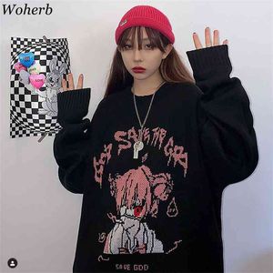 Svart tröja kvinnor hajuku tecknad flicka stickad pullover mode dra femme koreanska ulzzang jumper 210519