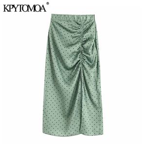 Vintage Elegancka Polka Dot Plised Midi Spódnica Kobiety Moda Elastyczna Talii Side Zipper Slit Silit Skirts Chic Faldas Mujer 210619