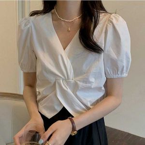 Summer French Style Blouses for Women Elegant V-neck Puff Sleeve Shirts Female Temperament All-match Woman Tops 210525