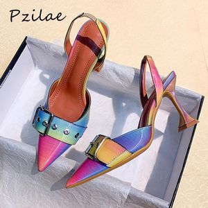 Kleidschuhe Pzilae 2021 Mode Regenbogen Schnalle Riemen Damen Pumps Sexy Spitz High Heels Mules Party Größe 41 42