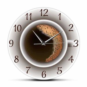 Cup of Coffee with Foam Decorative Silent Wall Clock Kitchen Decor Coffee Shop Wall Sign Timepiece Cafe Style Wall Watch X0705