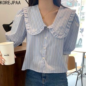 Korjpaa Kvinnorskjorta Sommar Koreanska Chic Åldersreducerande docka Krage Striped Single-breasted Loose Mångsidig Puff Sleeve Blus 210526