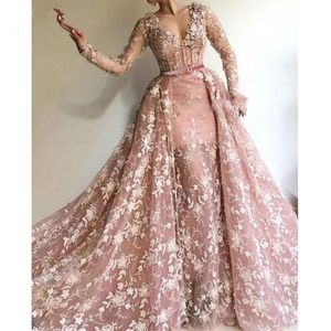 Dusty Pink Overskirts Mermaid Prom Klänningar Långärmad V Neck Full Appliques Elegant Aftonklänning med Avtagbar Tågklänning