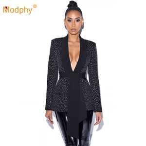 Jesień Moda Damska Czarna Szczupła Kurtka Sexy V-Neck Długi Rękaw Diament Lace-Up Celebrity Runway Party Coat Odzież 210527