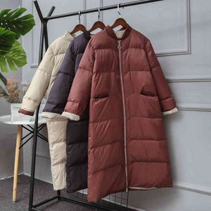 Vinter Vit Duck Down Jacket Kvinnor Zipper Loose Long Coat Black Parkas Kvinna Varm Snö Outwear 210423