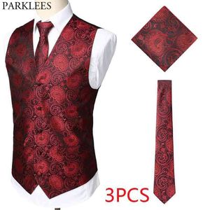 Mens 3pcs Floral Jacquard Paisley Vest Set Brand Slim Fit Wedding Party Waistcoat for Suit or Tuxedo Necktie+Pocket+Square 210522