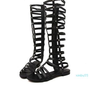 Boots Kadınlar Altın Düz Perçin Yan Zip Açık Toe Kesim Ayakkabı Roma Diz Yüksek Slingback Sandalet Yaz Gladyatör