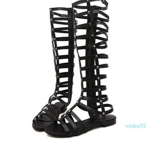 Buty Damskie Złote Płaskie Nit Side Zip Otwórz Toe Cut Out Buty Roman Knee Wysokie Slingback Sandals Lato Gladiator