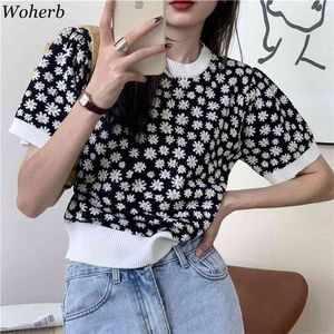 Woherb verão coreano moda fina de malha t camisa mulheres floral impressão vintage tops tripulação pescoço de manga curta knitwear t-shirts 210623
