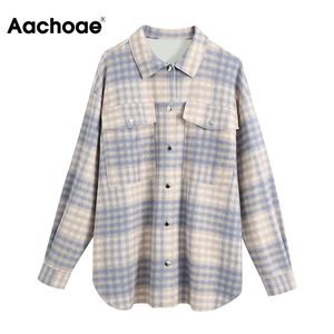 Aachoae Women Plaid Blouse Tops Batwing Long Sleeve Casual Pocket Shirt Female Turn Down Collar Loose Office Wear Tunic Outwear 210413