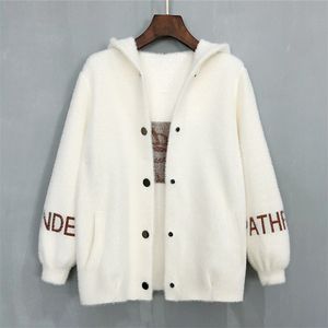 Women's Imitation Mink Velvet Coat Autumn And Winter Loose Letter Embroidery Fur Collar Cardigan Female Hooded Knitted Tops M248 210922